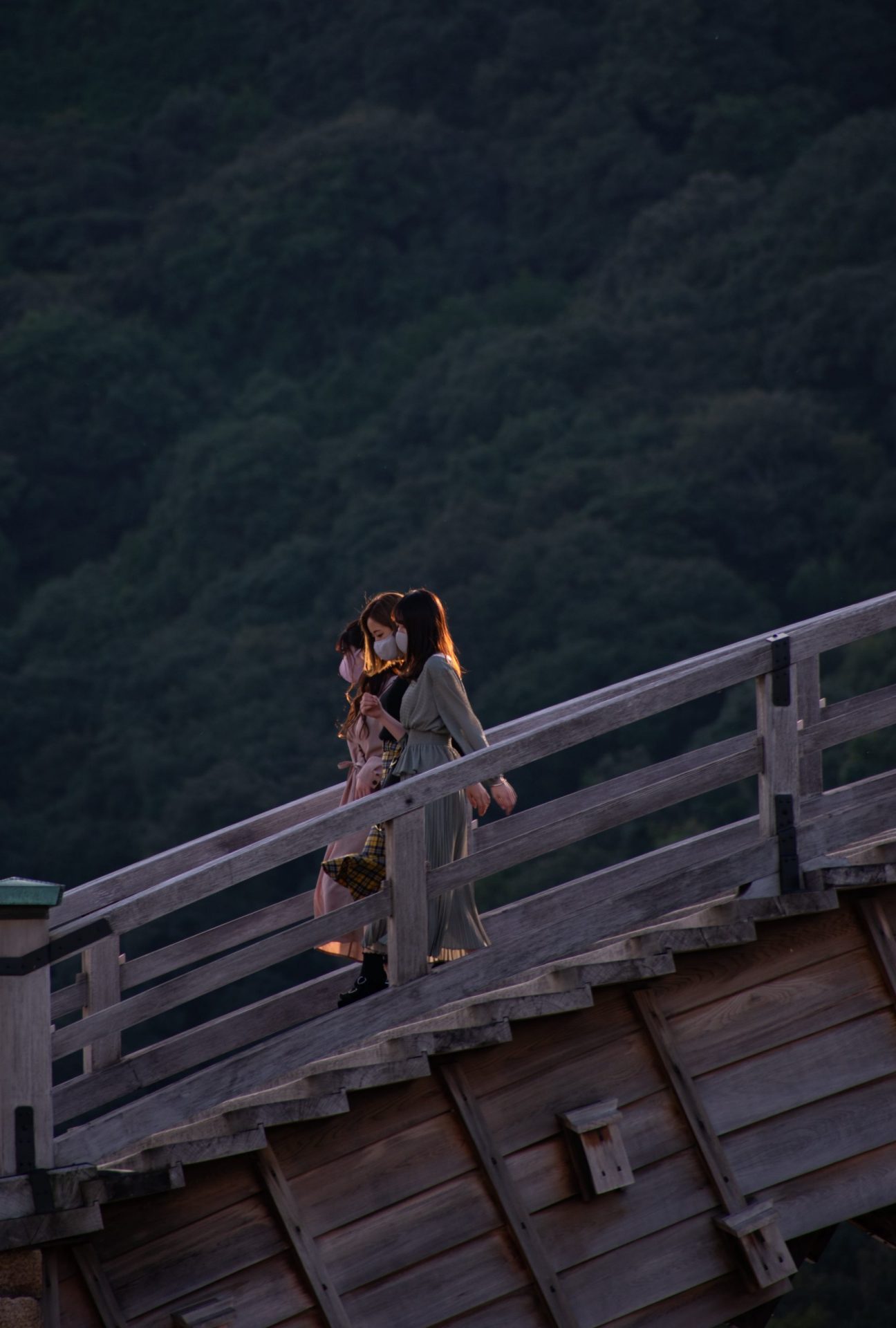 Womens walking on the wooden Kintai bridge in Iwakuni, Japan
