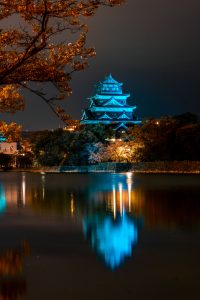 Hiroshima castle and its reflection in the water during world autism day