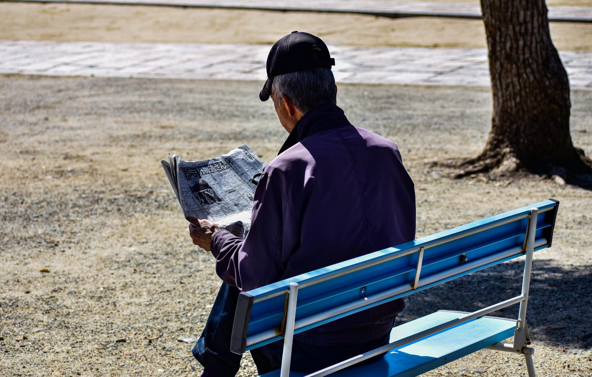 Japanese man reading newspaper in a park