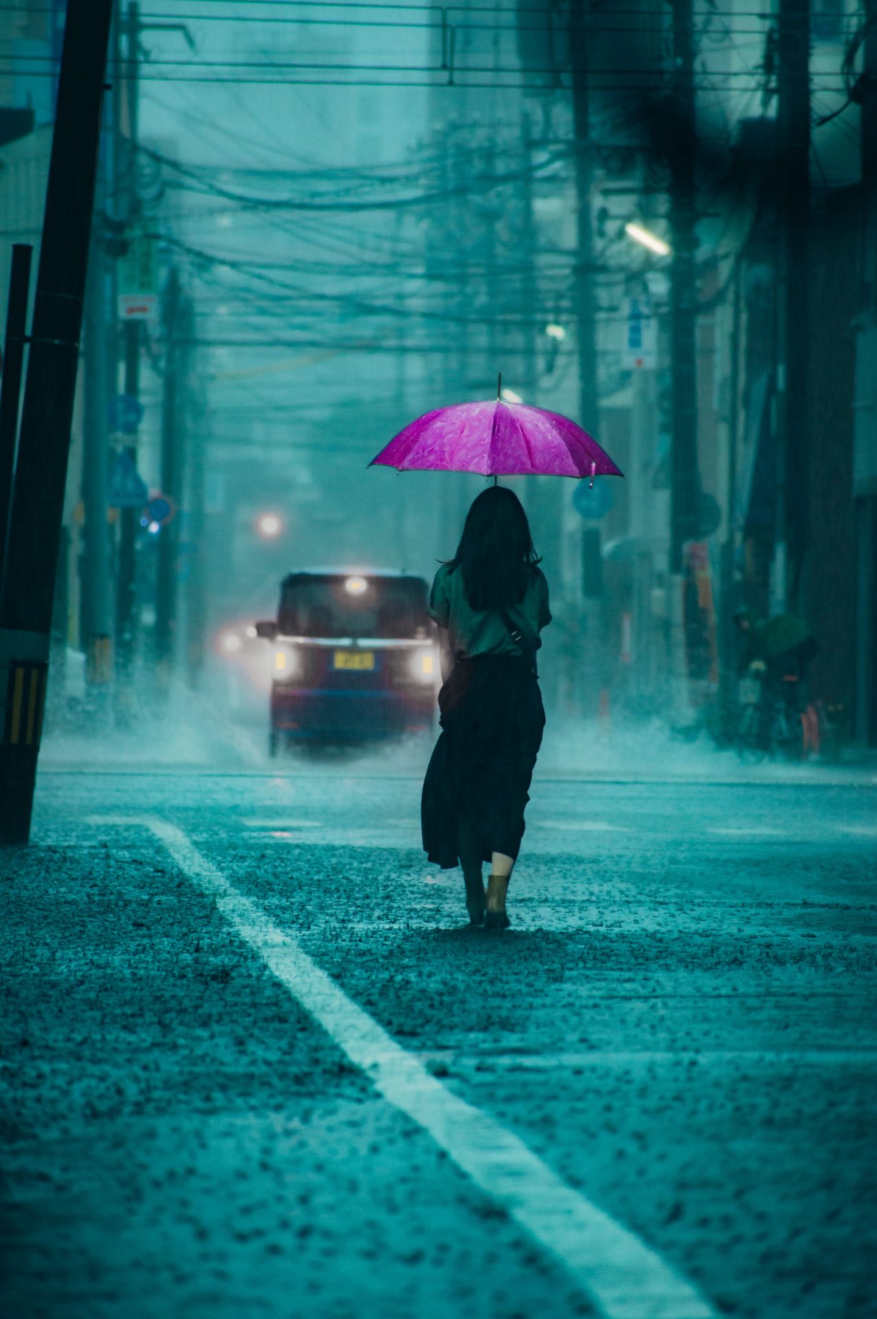 A women with purple umbrella walking in a heavy rainfaill, Hiroshima